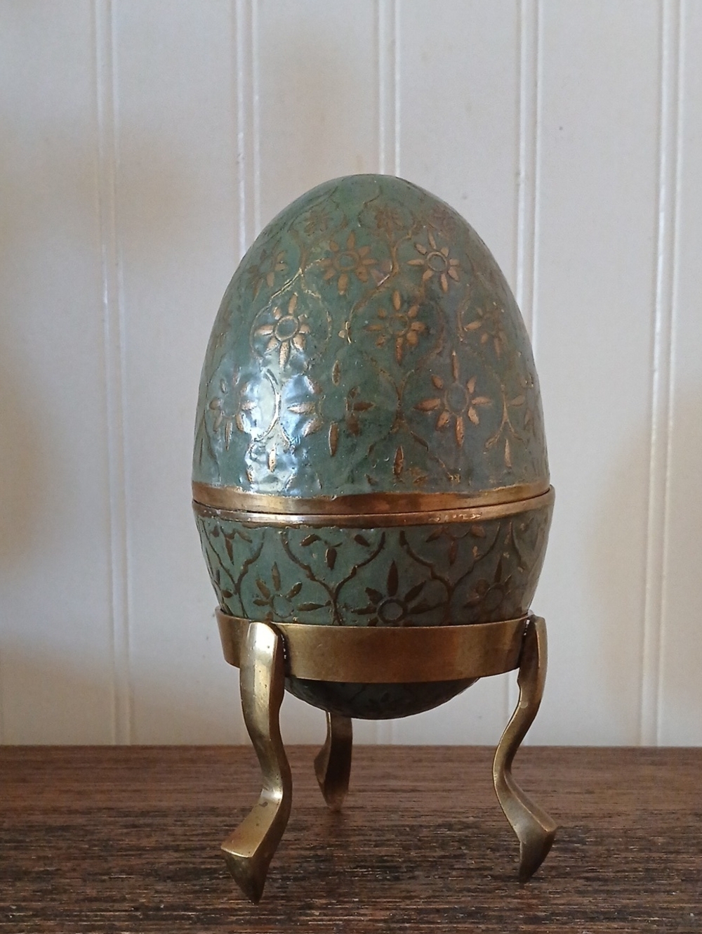 Brass Enamel Faberge/cloisonne Style EGG On Brass Stand Trinket 3 Pieces